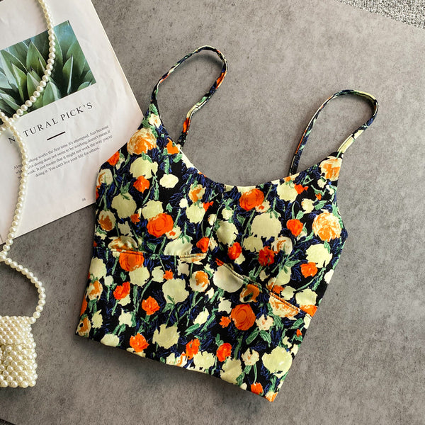Summer Fairy Sweet Women Camisole Floral Printed Spaghetti Strap Outer Wear Short Top Vest Blouse