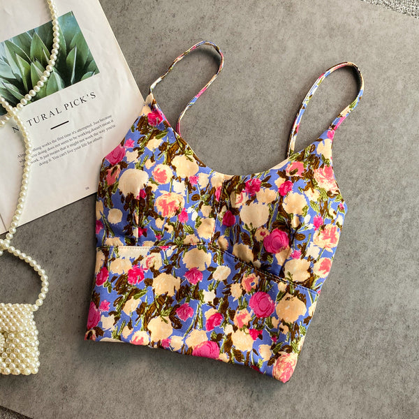 Summer Fairy Sweet Women Camisole Floral Printed Spaghetti Strap Outer Wear Short Top Vest Blouse