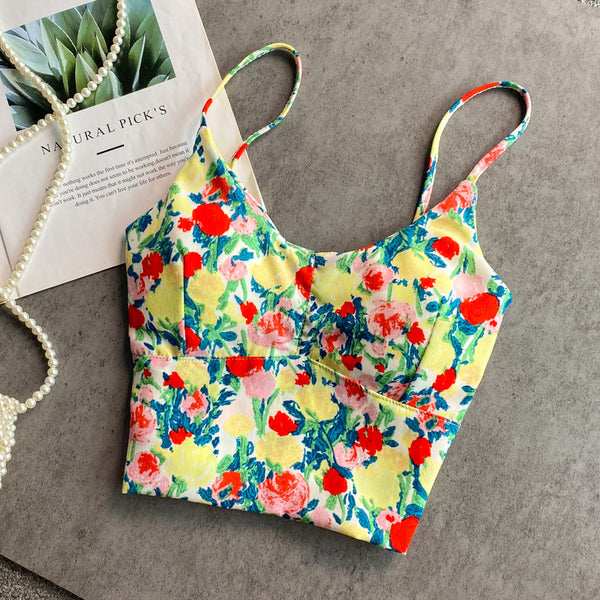 Summer Fairy Sweet Women Camisole Floral Printed Spaghetti Strap Outer Wear Short Top Vest Blouse