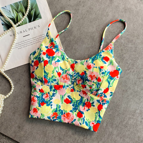 Summer Fairy Sweet Women Camisole Floral Printed Spaghetti Strap Outer Wear Short Top Vest Blouse