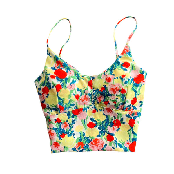 Summer Fairy Sweet Women Camisole Floral Printed Spaghetti Strap Outer Wear Short Top Vest Blouse