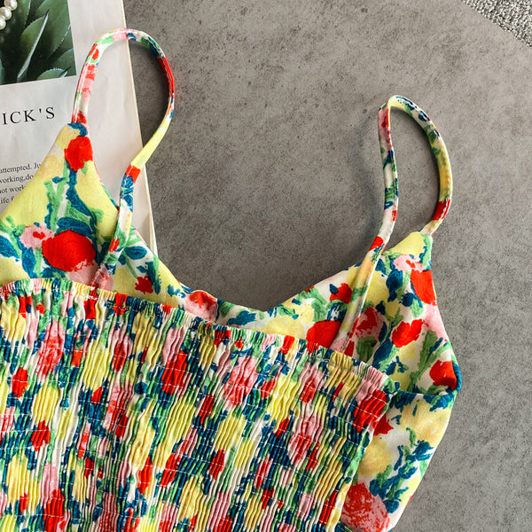 Summer Fairy Sweet Women Camisole Floral Printed Spaghetti Strap Outer Wear Short Top Vest Blouse