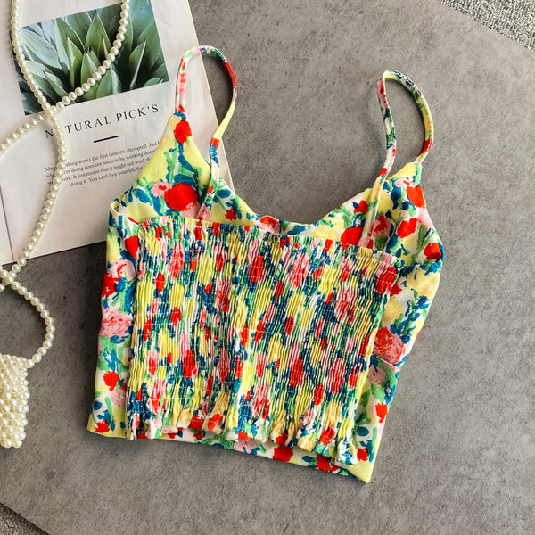 Summer Fairy Sweet Women Camisole Floral Printed Spaghetti Strap Outer Wear Short Top Vest Blouse