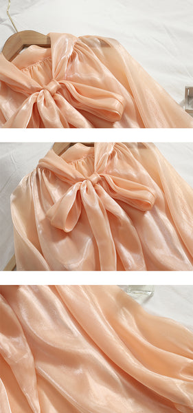 Temperament Women Office Ladies OL Stand Collar Tie Big Bow Shiny Solid Color Long Sleeves Top Shirt