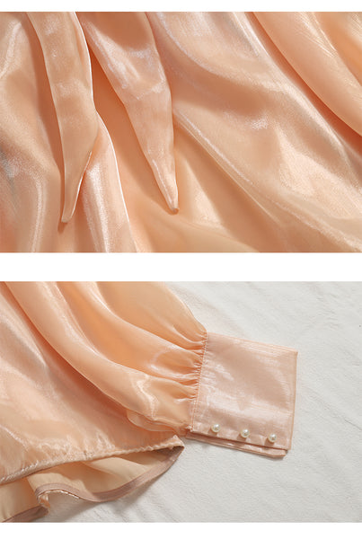 Temperament Women Office Ladies OL Stand Collar Tie Big Bow Shiny Solid Color Long Sleeves Top Shirt