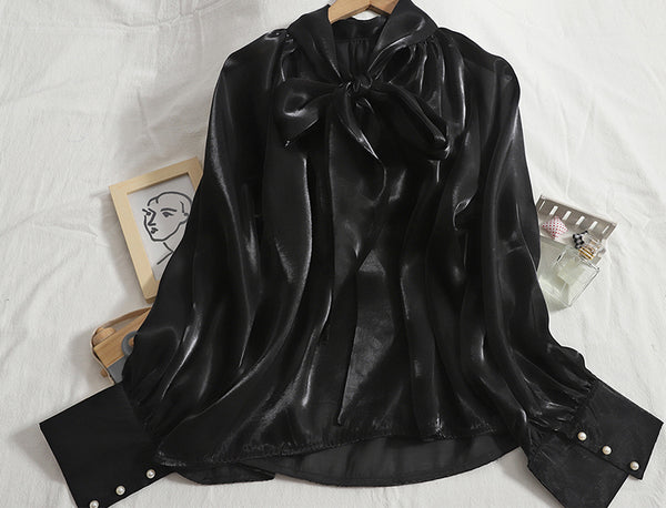 Temperament Women Office Ladies OL Stand Collar Tie Big Bow Shiny Solid Color Long Sleeves Top Shirt