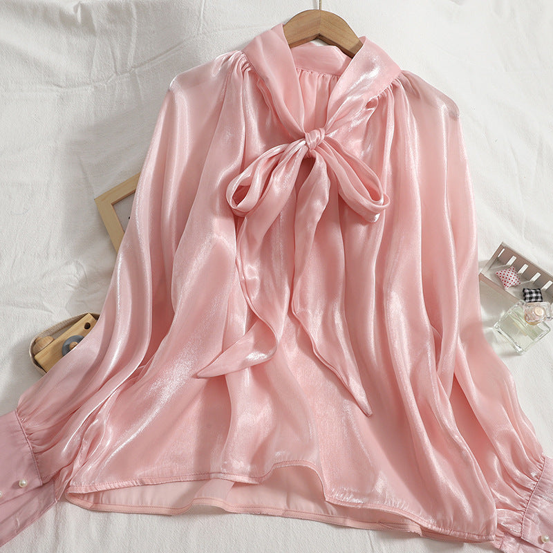 Temperament Women Office Ladies OL Stand Collar Tie Big Bow Shiny Solid Color Long Sleeves Top Shirt