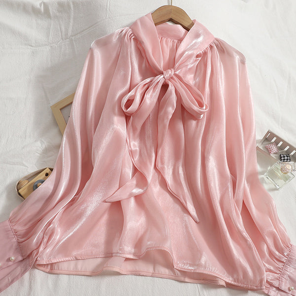 Temperament Women Office Ladies OL Stand Collar Tie Big Bow Shiny Solid Color Long Sleeves Top Shirt