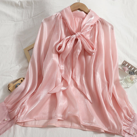 Temperament Women Office Ladies OL Stand Collar Tie Big Bow Shiny Solid Color Long Sleeves Top Shirt