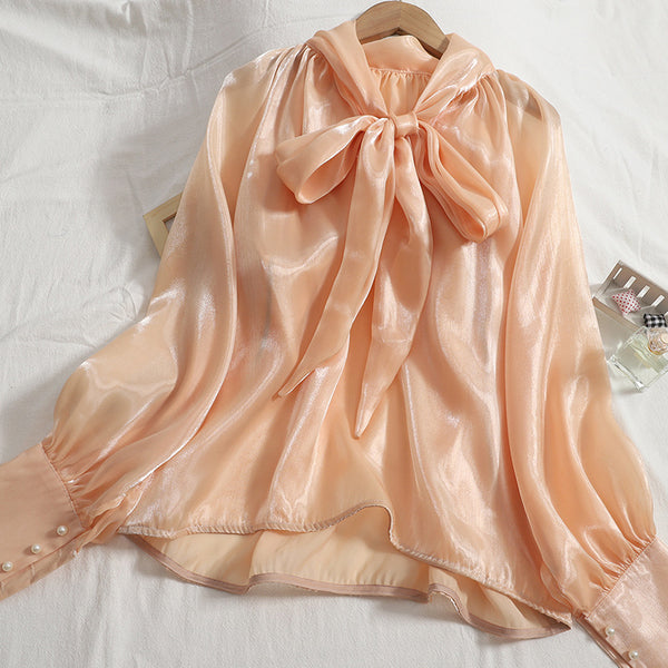 Temperament Women Office Ladies OL Stand Collar Tie Big Bow Shiny Solid Color Long Sleeves Top Shirt