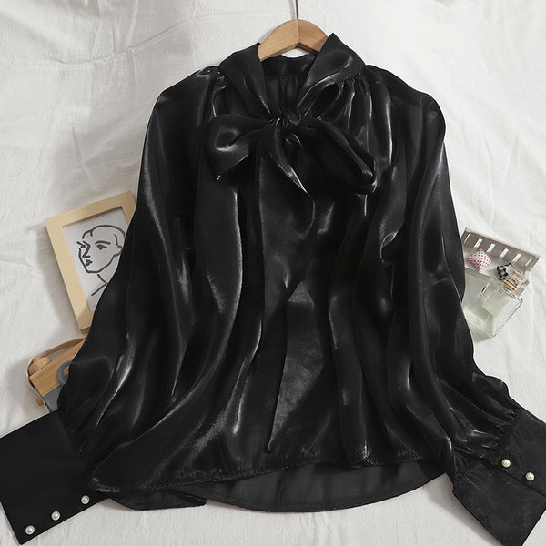 Temperament Women Office Ladies OL Stand Collar Tie Big Bow Shiny Solid Color Long Sleeves Top Shirt