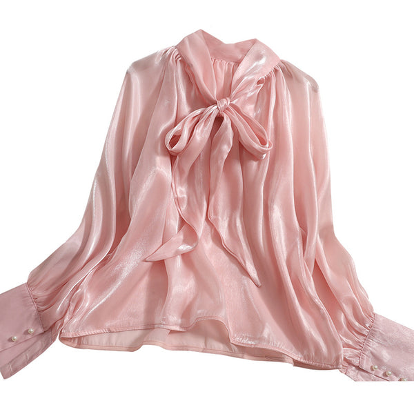 Temperament Women Office Ladies OL Stand Collar Tie Big Bow Shiny Solid Color Long Sleeves Top Shirt