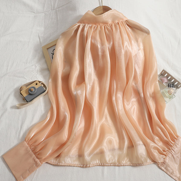 Temperament Women Office Ladies OL Stand Collar Tie Big Bow Shiny Solid Color Long Sleeves Top Shirt