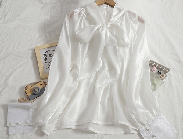 Temperament Women Office Ladies OL Stand Collar Tie Big Bow Shiny Solid Color Long Sleeves Top Shirt