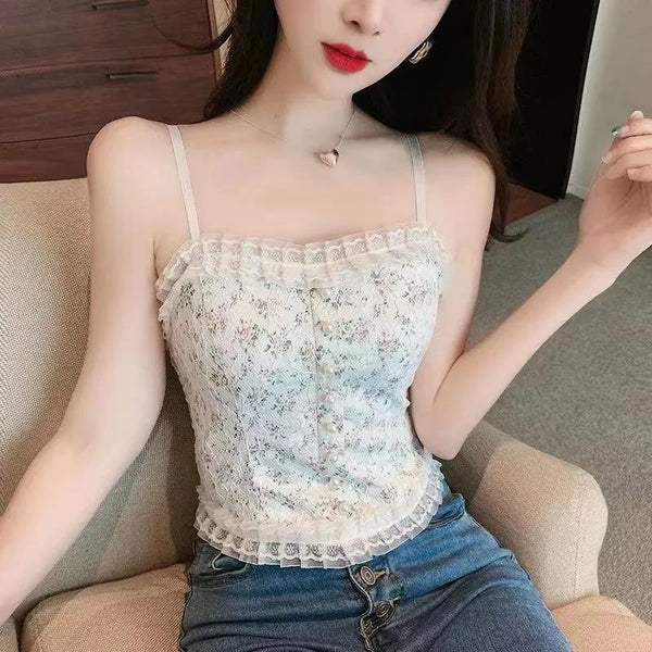 Sexy Beautiful Summer Women Camisole Spaghetti Strap Floral Lace Short Tube Top Outer Wear