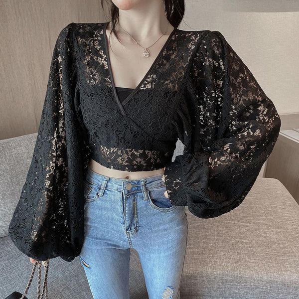 Fairy Elegant Women Fashion Sexy Deep Vneck Back Hollow Strap Bat Sleeve Short Lace Top Tops Blouse