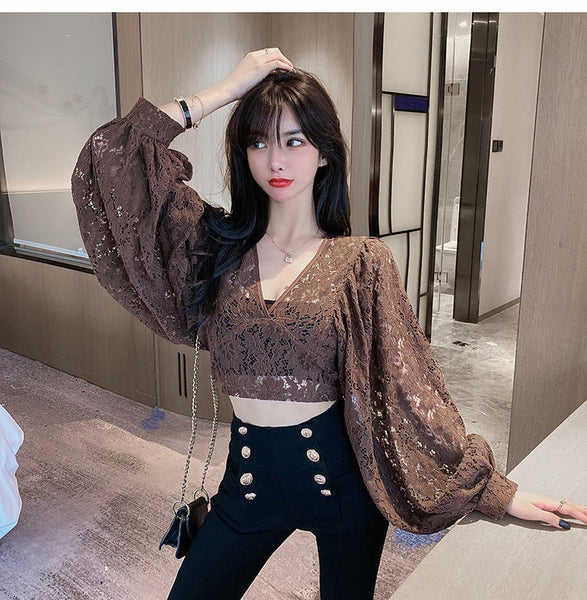 Fairy Elegant Women Fashion Sexy Deep Vneck Back Hollow Strap Bat Sleeve Short Lace Top Tops Blouse