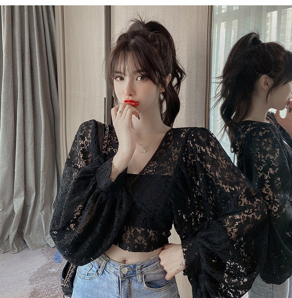 Fairy Elegant Women Fashion Sexy Deep Vneck Back Hollow Strap Bat Sleeve Short Lace Top Tops Blouse