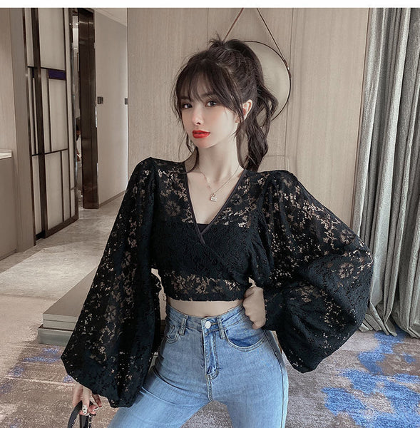 Fairy Elegant Women Fashion Sexy Deep Vneck Back Hollow Strap Bat Sleeve Short Lace Top Tops Blouse