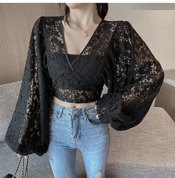 Fairy Elegant Women Fashion Sexy Deep Vneck Back Hollow Strap Bat Sleeve Short Lace Top Tops Blouse
