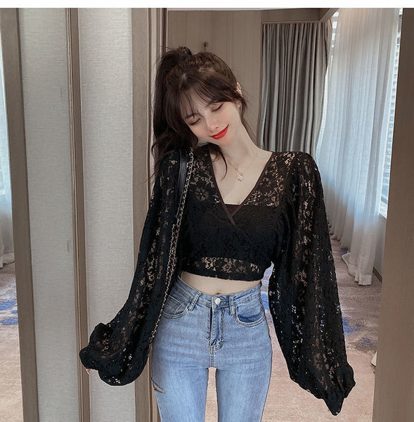 Fairy Elegant Women Fashion Sexy Deep Vneck Back Hollow Strap Bat Sleeve Short Lace Top Tops Blouse