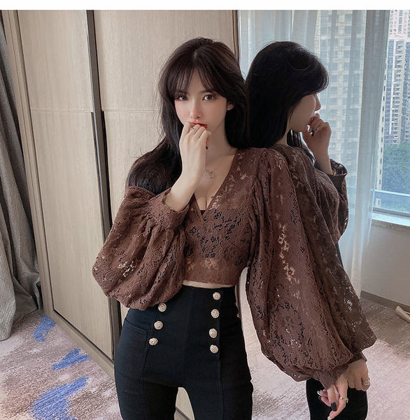 Fairy Elegant Women Fashion Sexy Deep Vneck Back Hollow Strap Bat Sleeve Short Lace Top Tops Blouse
