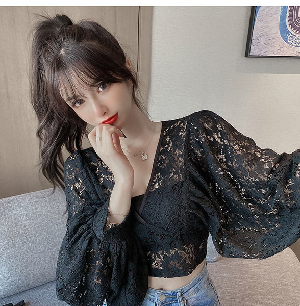 Fairy Elegant Women Fashion Sexy Deep Vneck Back Hollow Strap Bat Sleeve Short Lace Top Tops Blouse