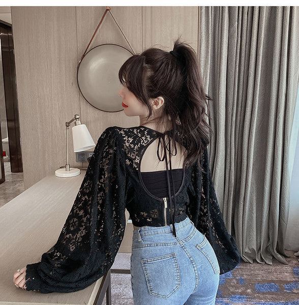 Fairy Elegant Women Fashion Sexy Deep Vneck Back Hollow Strap Bat Sleeve Short Lace Top Tops Blouse