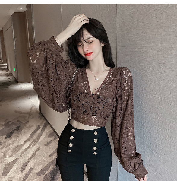 Fairy Elegant Women Fashion Sexy Deep Vneck Back Hollow Strap Bat Sleeve Short Lace Top Tops Blouse