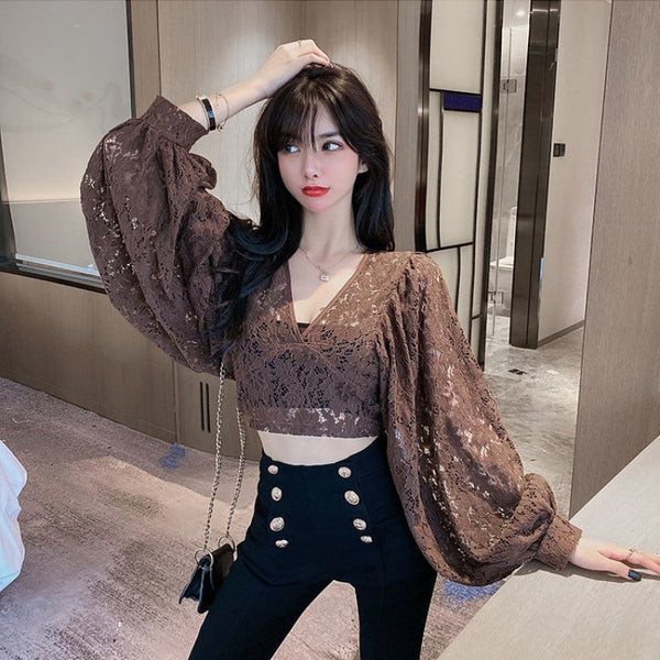 Fairy Elegant Women Fashion Sexy Deep Vneck Back Hollow Strap Bat Sleeve Short Lace Top Tops Blouse