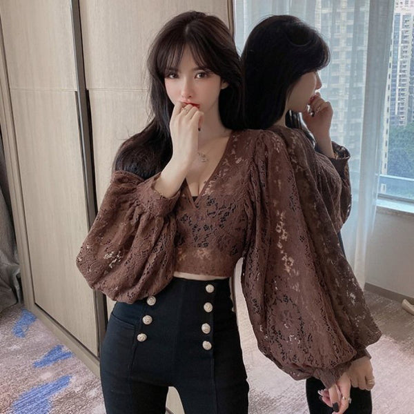 Fairy Elegant Women Fashion Sexy Deep Vneck Back Hollow Strap Bat Sleeve Short Lace Top Tops Blouse