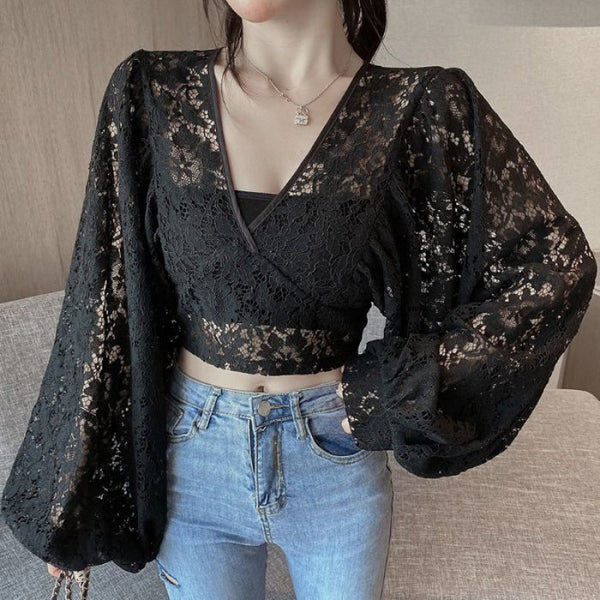 Fairy Elegant Women Fashion Sexy Deep Vneck Back Hollow Strap Bat Sleeve Short Lace Top Tops Blouse