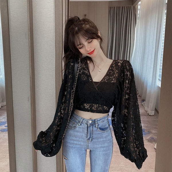 Fairy Elegant Women Fashion Sexy Deep Vneck Back Hollow Strap Bat Sleeve Short Lace Top Tops Blouse