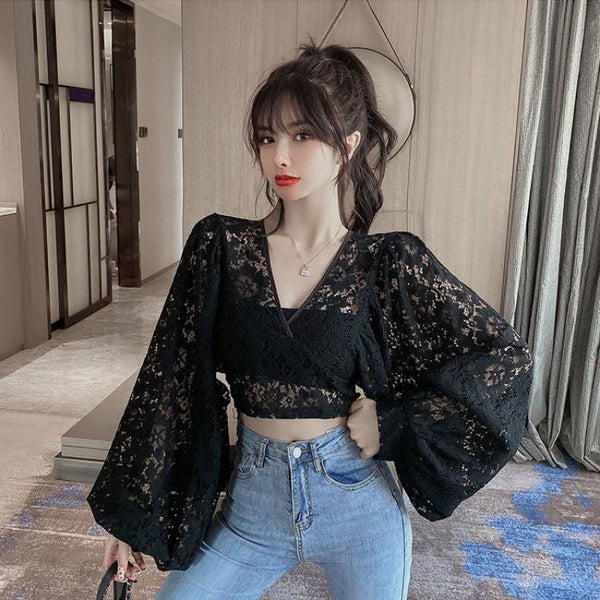 Fairy Elegant Women Fashion Sexy Deep Vneck Back Hollow Strap Bat Sleeve Short Lace Top Tops Blouse