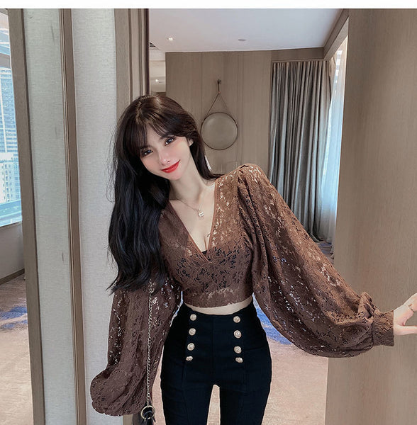 Fairy Elegant Women Fashion Sexy Deep Vneck Back Hollow Strap Bat Sleeve Short Lace Top Tops Blouse