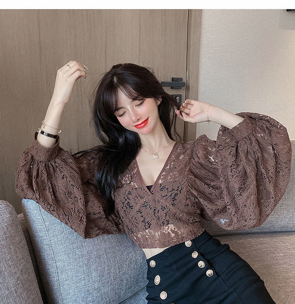 Fairy Elegant Women Fashion Sexy Deep Vneck Back Hollow Strap Bat Sleeve Short Lace Top Tops Blouse
