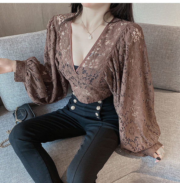 Fairy Elegant Women Fashion Sexy Deep Vneck Back Hollow Strap Bat Sleeve Short Lace Top Tops Blouse