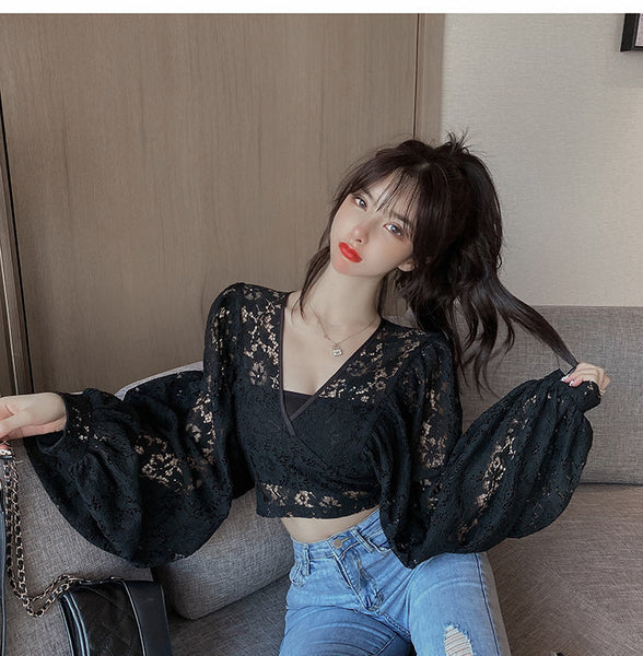 Fairy Elegant Women Fashion Sexy Deep Vneck Back Hollow Strap Bat Sleeve Short Lace Top Tops Blouse