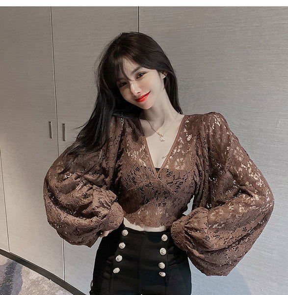 Fairy Elegant Women Fashion Sexy Deep Vneck Back Hollow Strap Bat Sleeve Short Lace Top Tops Blouse