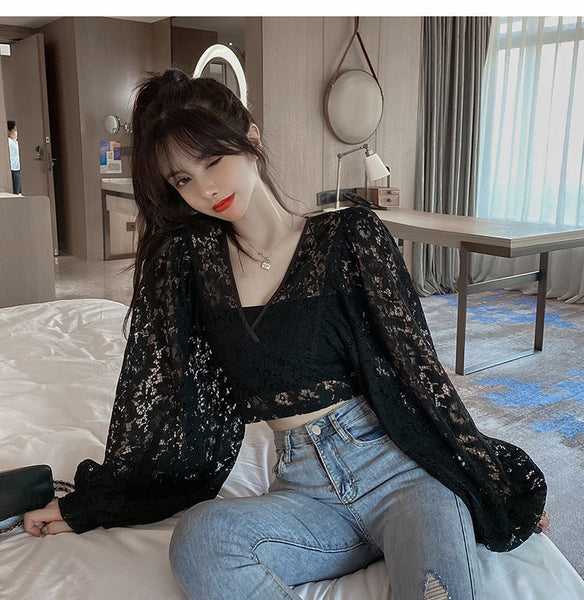 Fairy Elegant Women Fashion Sexy Deep Vneck Back Hollow Strap Bat Sleeve Short Lace Top Tops Blouse