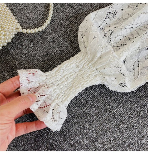 Palace Style Temperament Women Lotus Leaf Waist Lace Square Collar Sweet Bowknot Puff Sleeve Crop Bustier Top Blouse