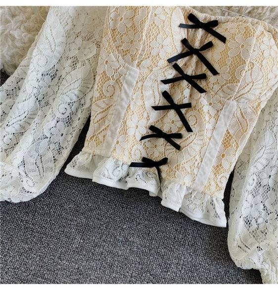 Palace Style Temperament Women Lotus Leaf Waist Lace Square Collar Sweet Bowknot Puff Sleeve Crop Bustier Top Blouse