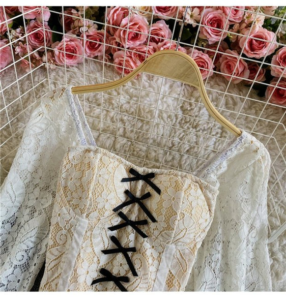 Palace Style Temperament Women Lotus Leaf Waist Lace Square Collar Sweet Bowknot Puff Sleeve Crop Bustier Top Blouse