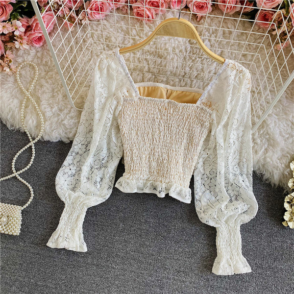 Palace Style Temperament Women Lotus Leaf Waist Lace Square Collar Sweet Bowknot Puff Sleeve Crop Bustier Top Blouse