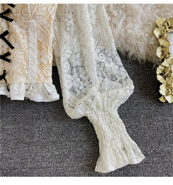 Palace Style Temperament Women Lotus Leaf Waist Lace Square Collar Sweet Bowknot Puff Sleeve Crop Bustier Top Blouse