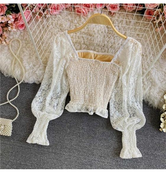 Palace Style Temperament Women Lotus Leaf Waist Lace Square Collar Sweet Bowknot Puff Sleeve Crop Bustier Top Blouse