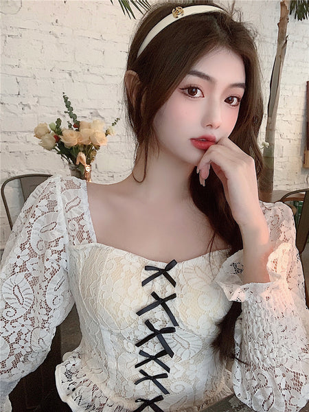 Palace Style Temperament Women Lotus Leaf Waist Lace Square Collar Sweet Bowknot Puff Sleeve Crop Bustier Top Blouse