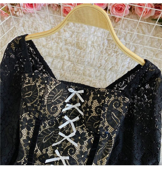 Palace Style Temperament Women Lotus Leaf Waist Lace Square Collar Sweet Bowknot Puff Sleeve Crop Bustier Top Blouse