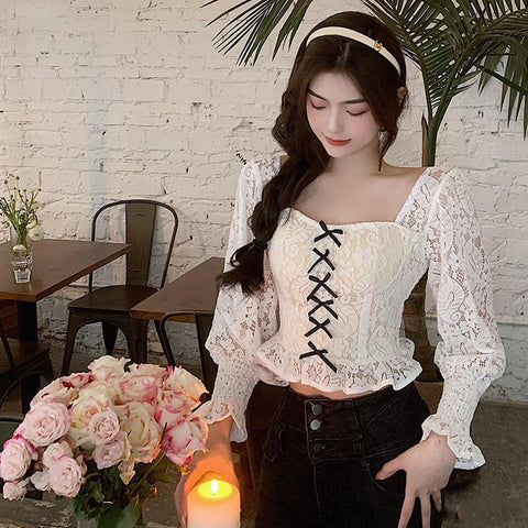 Palace Style Temperament Women Lotus Leaf Waist Lace Square Collar Sweet Bowknot Puff Sleeve Crop Bustier Top Blouse