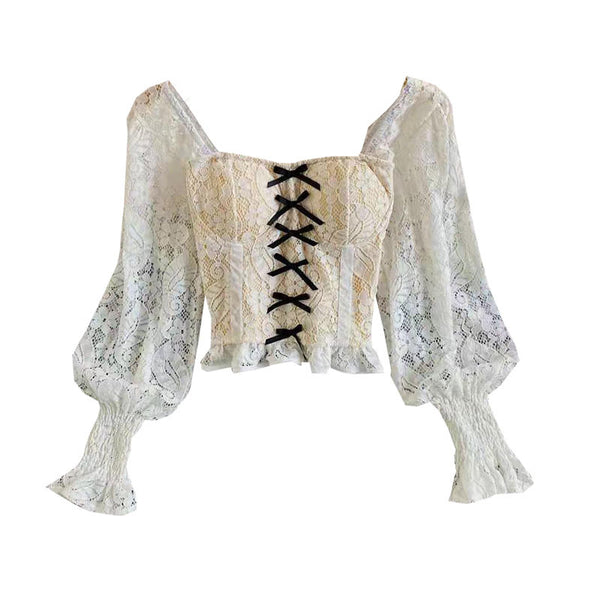 Palace Style Temperament Women Lotus Leaf Waist Lace Square Collar Sweet Bowknot Puff Sleeve Crop Bustier Top Blouse
